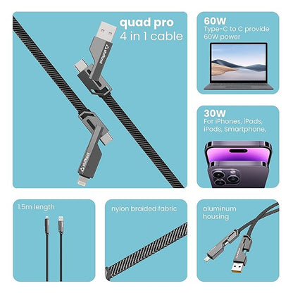 4 in 1 Metal Flat Braided Indestructible Cable 1.5m 60W with lightning to type C, type C to C, Lighting to type A compatible for iPhones, iPads, Macbooks, Type C Laptops (Grey)