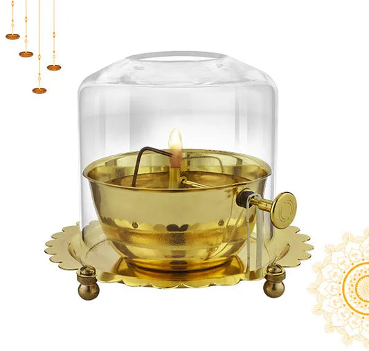 AKHAND JYOT DIYA WITH BOROSILICATE GLASS FOR PUJA HOME TEMPLE OIL LAMP TEA HOLDER