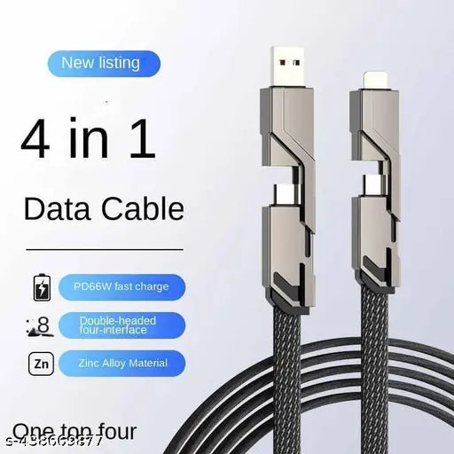 4 in 1 Metal Flat Braided Indestructible Cable 1.5m 60W with lightning to type C, type C to C, Lighting to type A compatible for iPhones, iPads, Macbooks, Type C Laptops (Grey)